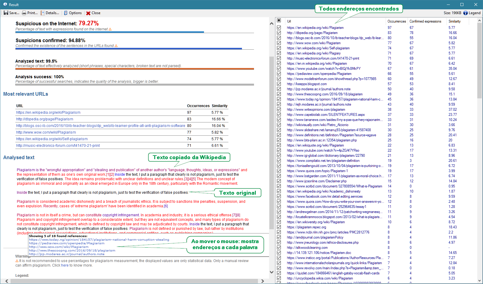 Plagius result screen with tips