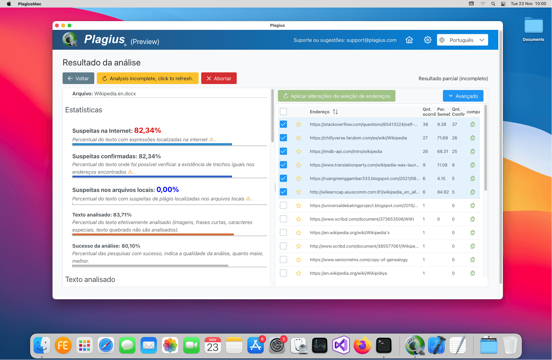 Screenshot of the experimental Plagius version on MacOS