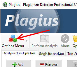 Screenshot do botão de menu de opções do Plagius