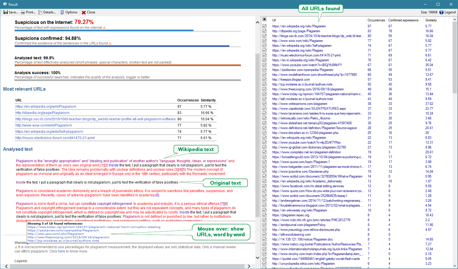 Plagius result screen with tips